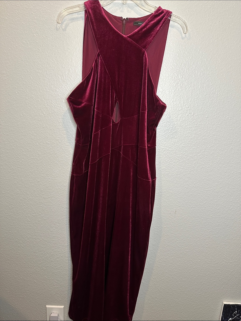 BCBGMAXAZRIA Burgundy Velvet Cutout Midi Dress Size L